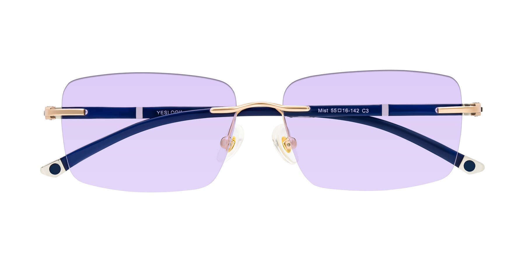 Folded Front of Mist in Rose Gold/Blue with Light Purple Tinted Lenses