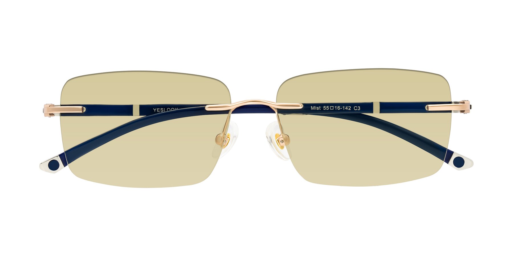 Folded Front of Mist in Rose Gold/Blue with Light Champagne Tinted Lenses
