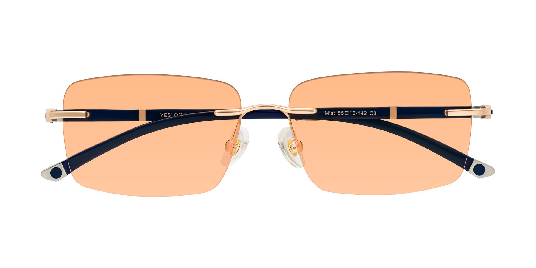 Folded Front of Mist in Rose Gold/Blue with Light Orange Tinted Lenses