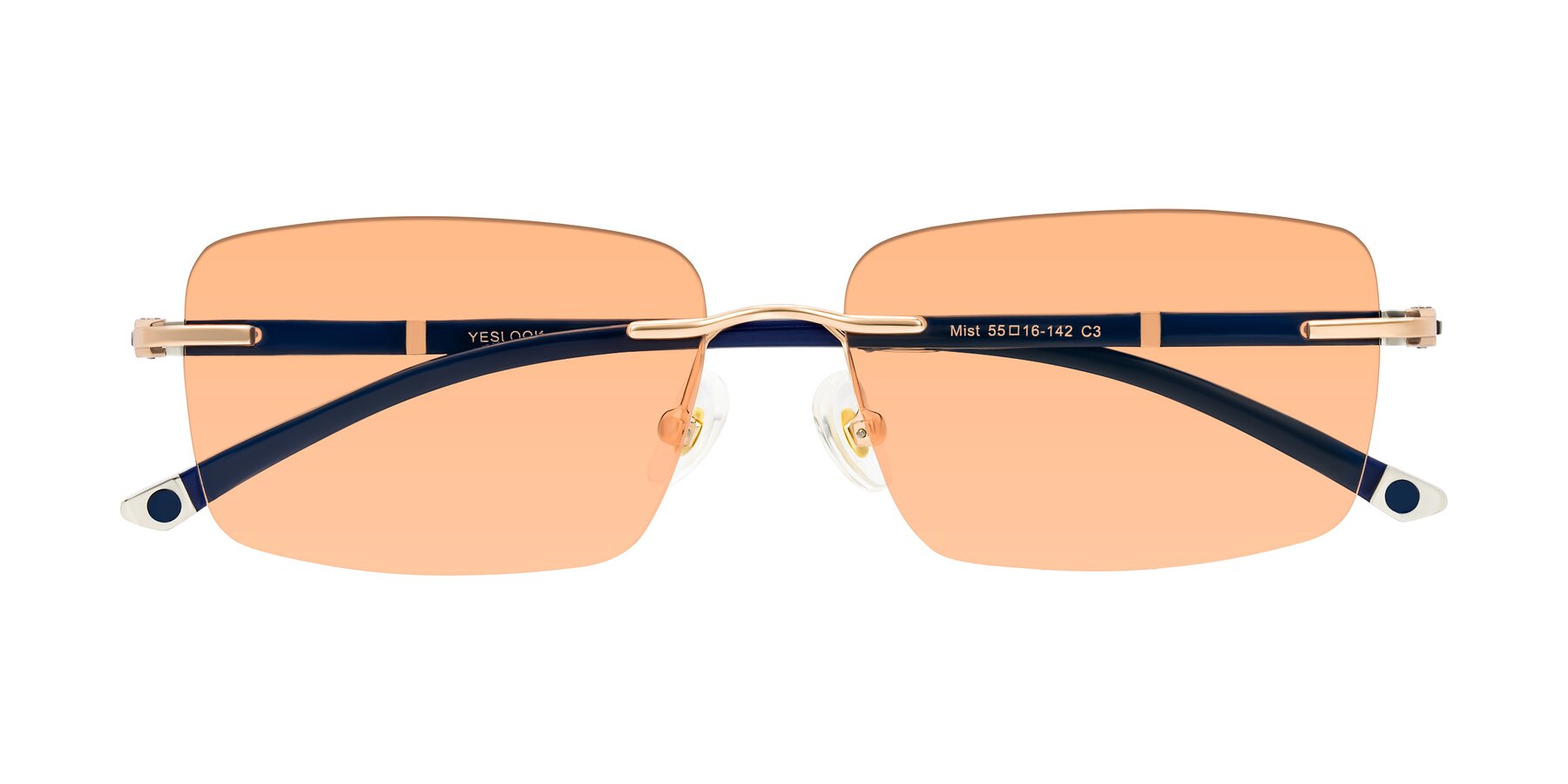 Folded Front of Mist in Rose Gold/Blue with Light Orange Tinted Lenses