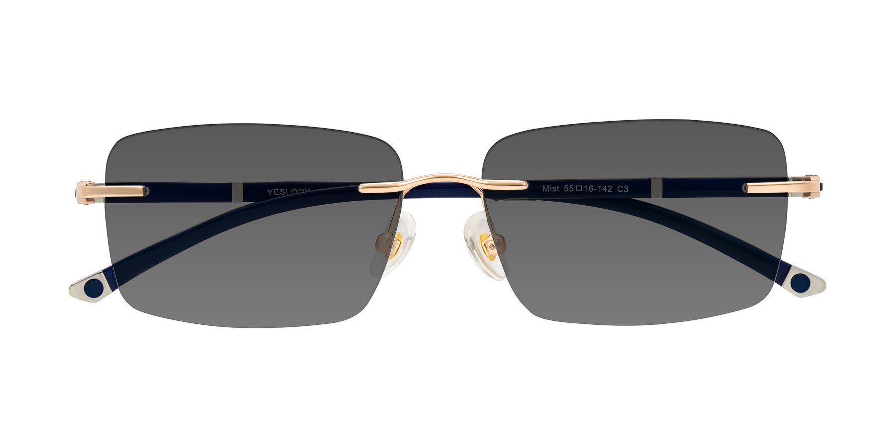 Folded Front of Mist in Rose Gold/Blue with Medium Gray Tinted Lenses