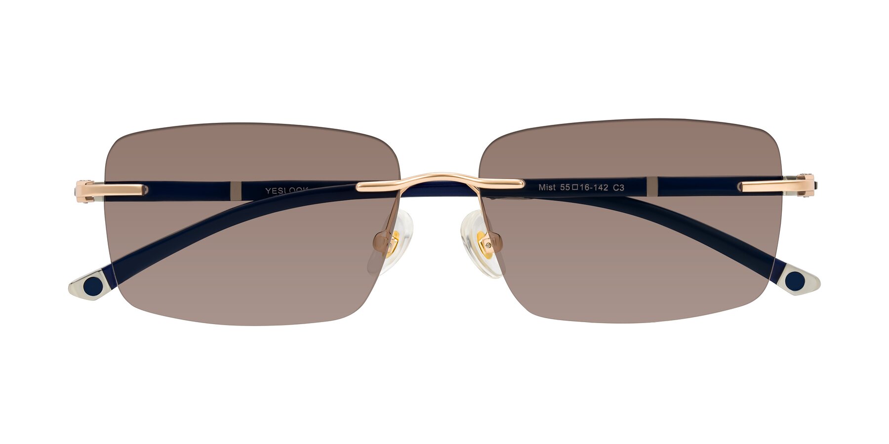 Folded Front of Mist in Rose Gold/Blue with Medium Brown Tinted Lenses