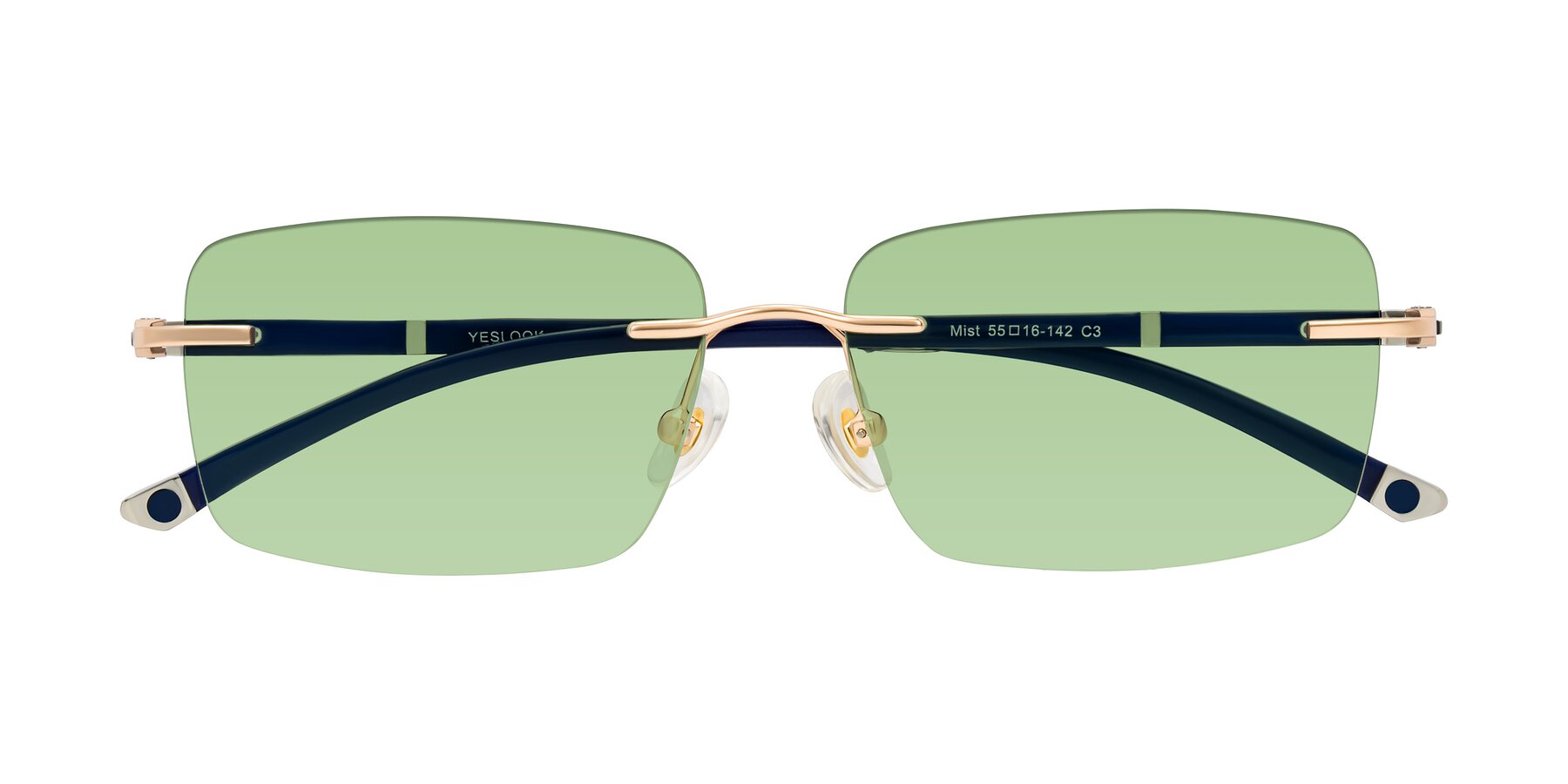 Folded Front of Mist in Rose Gold/Blue with Medium Green Tinted Lenses
