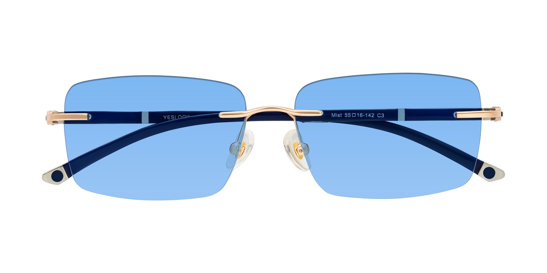 Folded Front of Mist in Rose Gold/Blue with Medium Blue Tinted Lenses