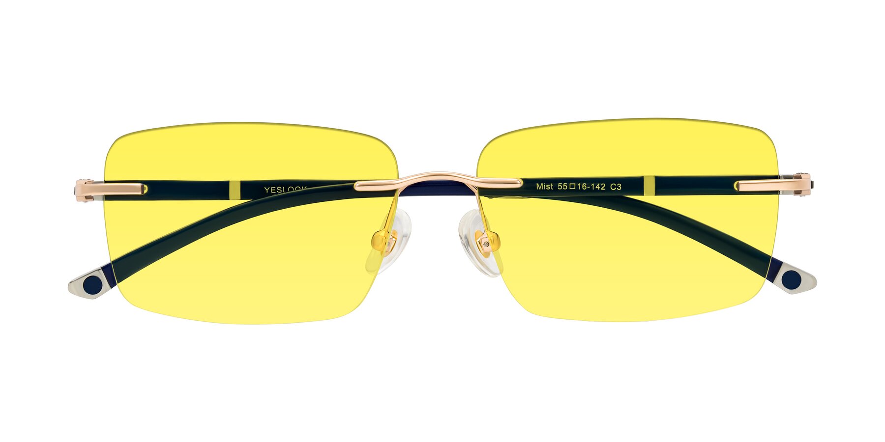 Folded Front of Mist in Rose Gold/Blue with Medium Yellow Tinted Lenses
