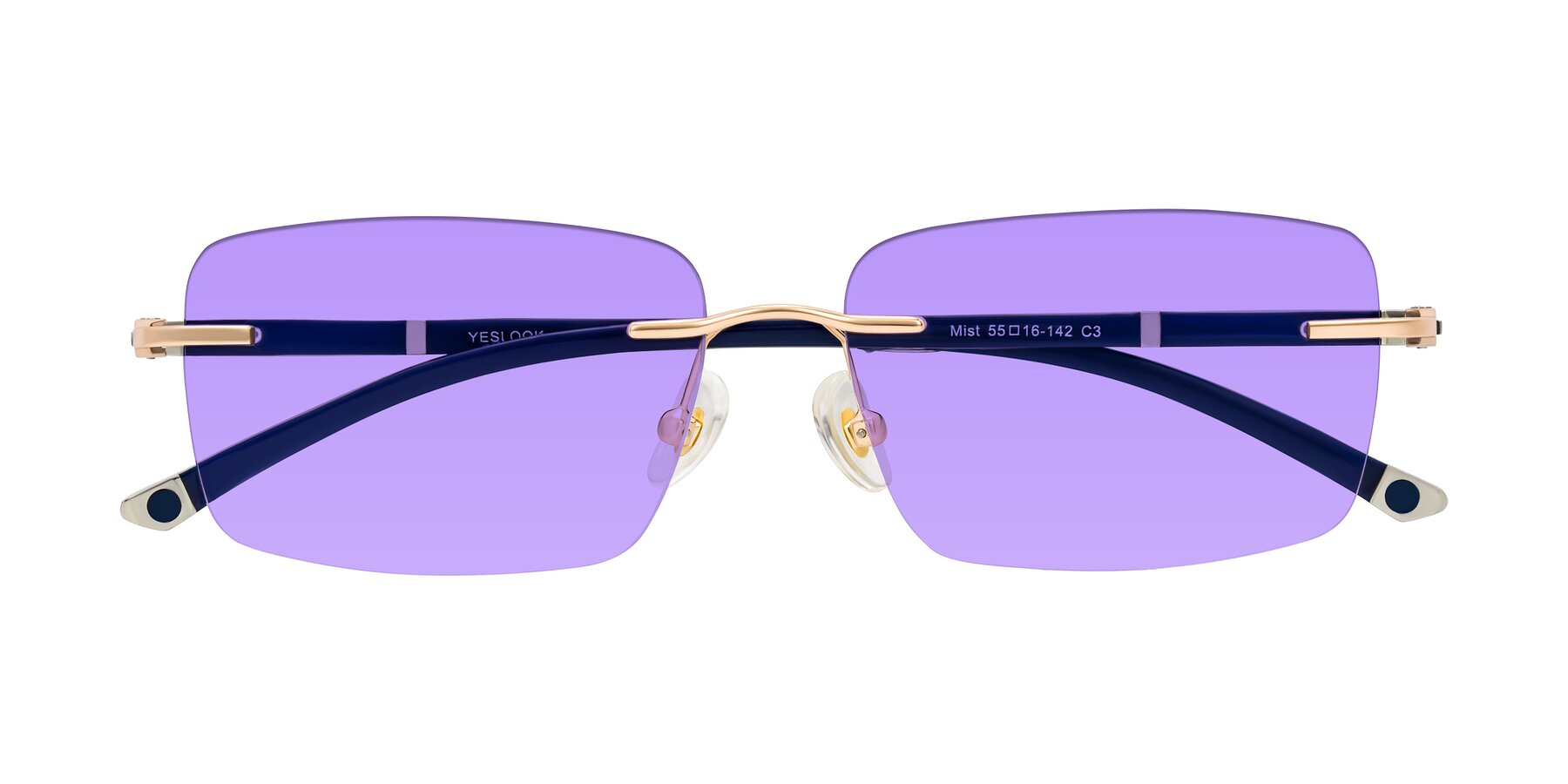 Folded Front of Mist in Rose Gold/Blue with Medium Purple Tinted Lenses