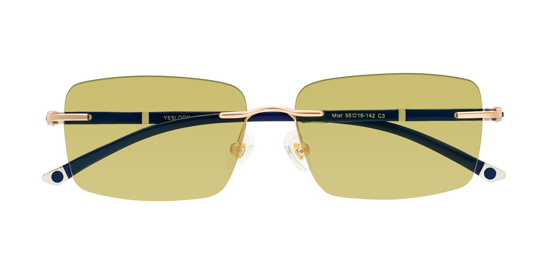 Folded Front of Mist in Rose Gold/Blue with Medium Champagne Tinted Lenses