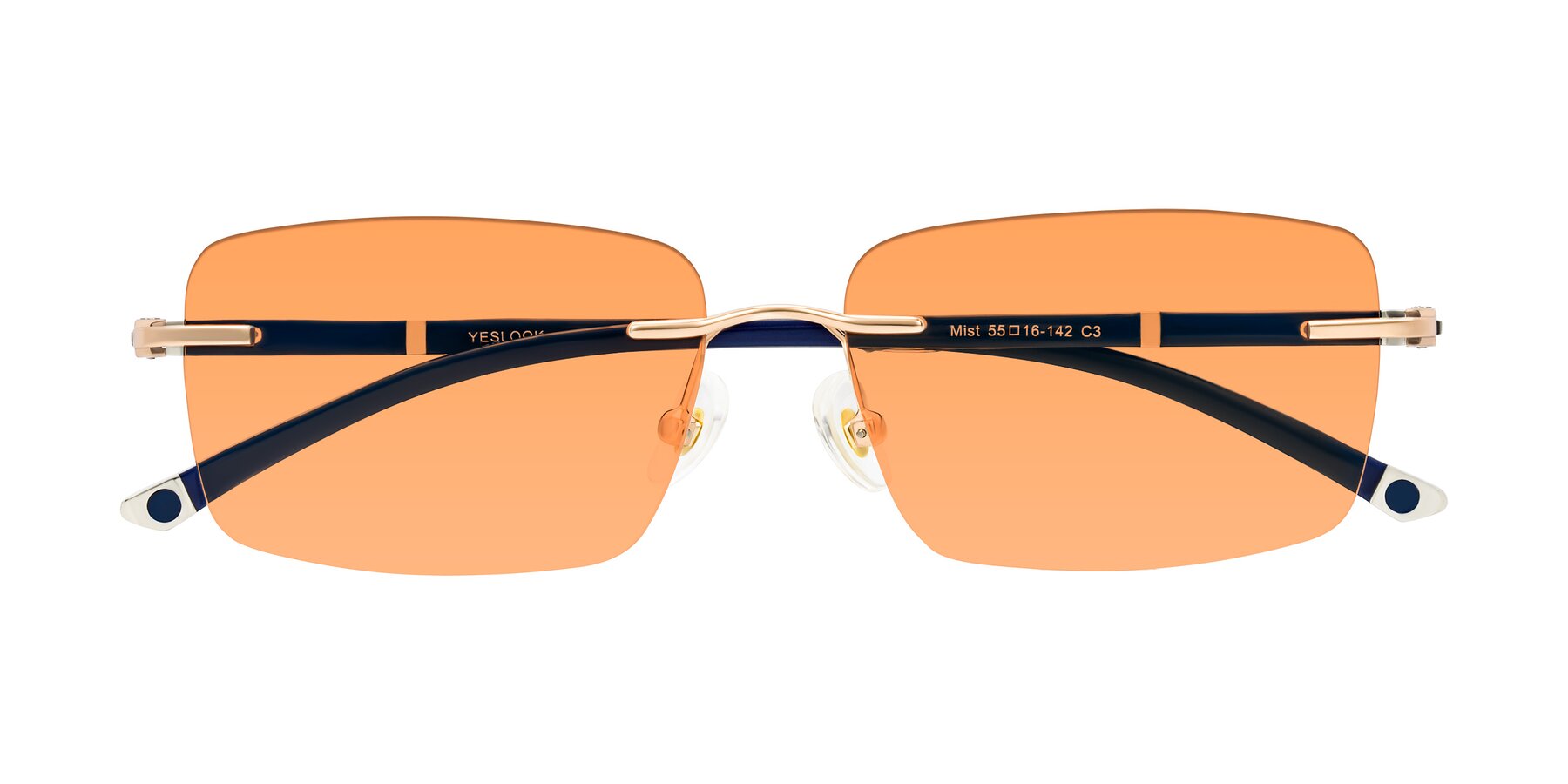 Folded Front of Mist in Rose Gold/Blue with Medium Orange Tinted Lenses