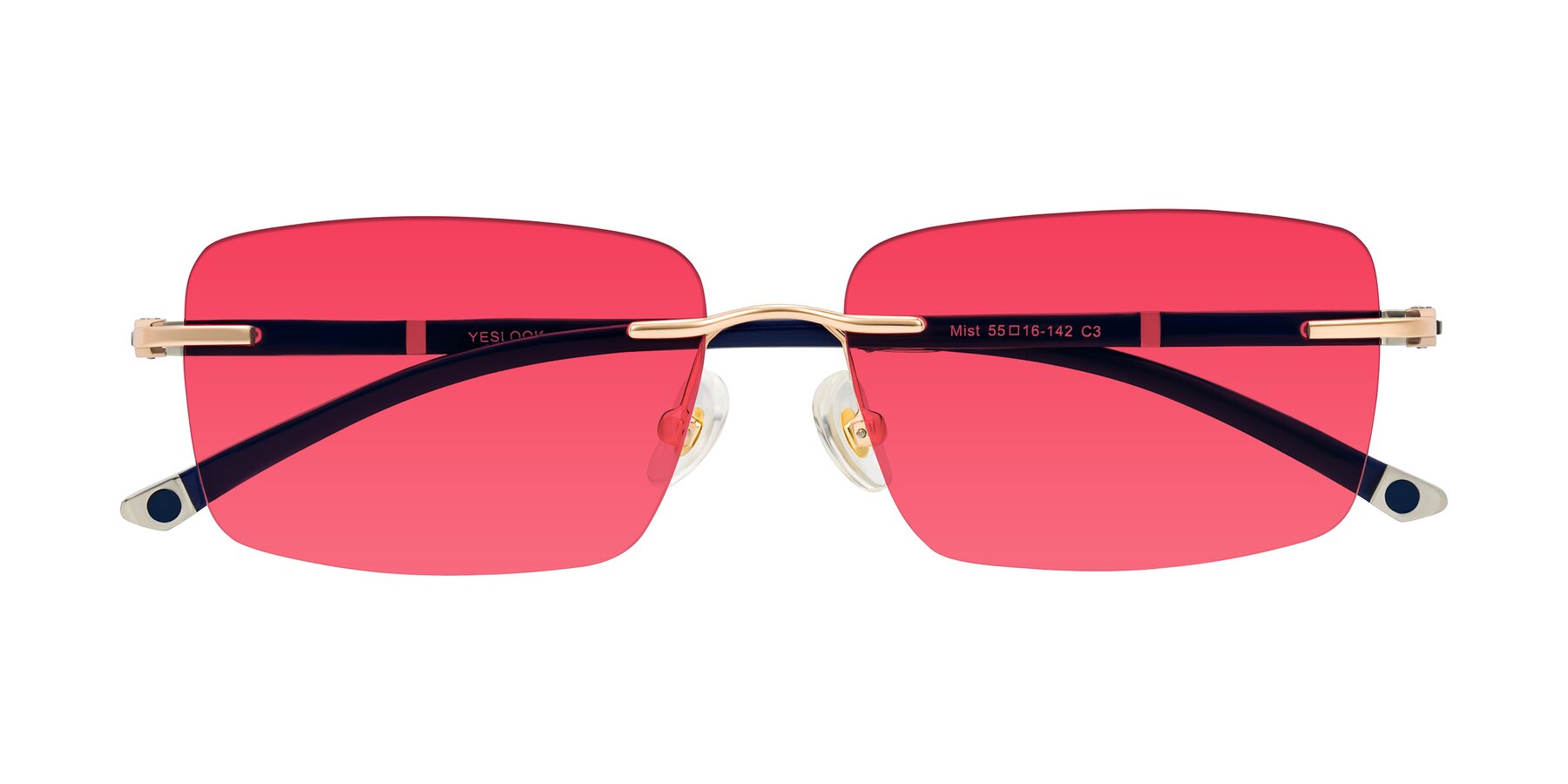 Folded Front of Mist in Rose Gold/Blue with Red Tinted Lenses