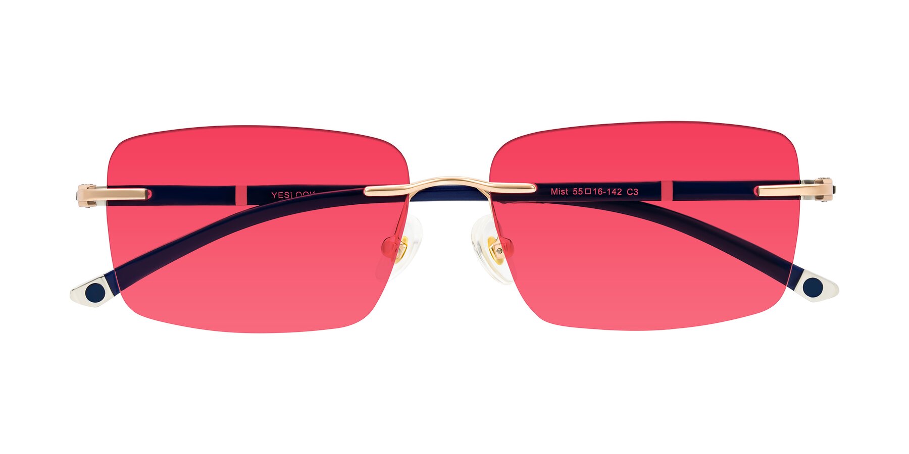 Folded Front of Mist in Rose Gold/Blue with Red Tinted Lenses