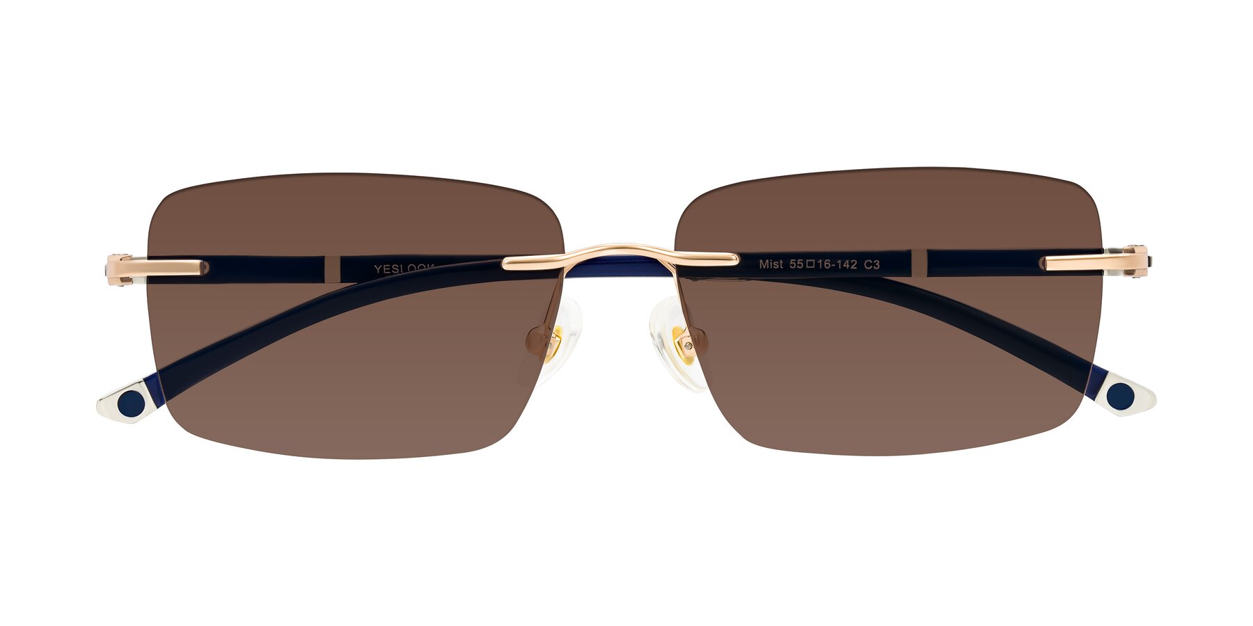 Folded Front of Mist in Rose Gold/Blue with Brown Tinted Lenses
