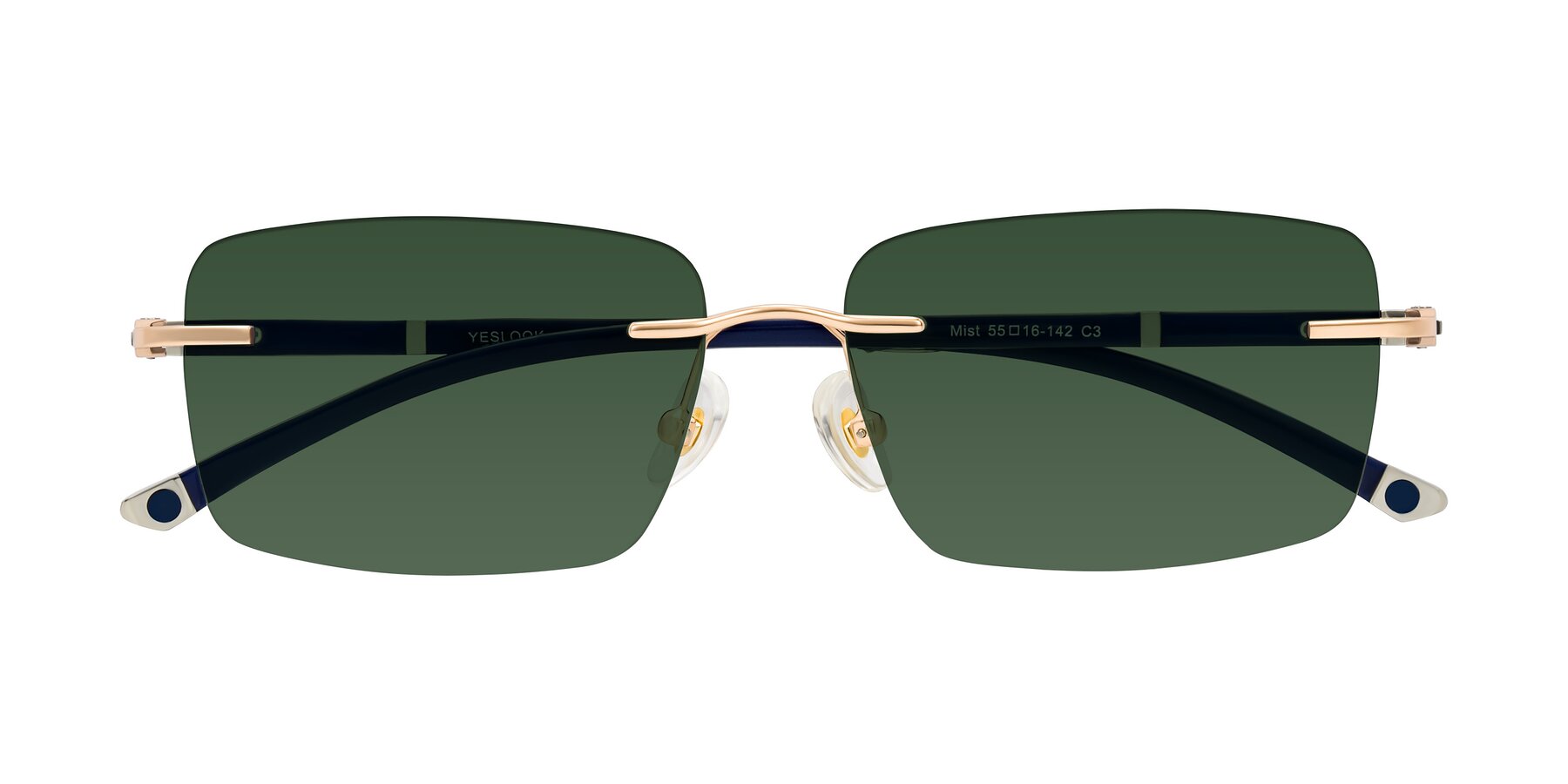 Folded Front of Mist in Rose Gold/Blue with Green Tinted Lenses