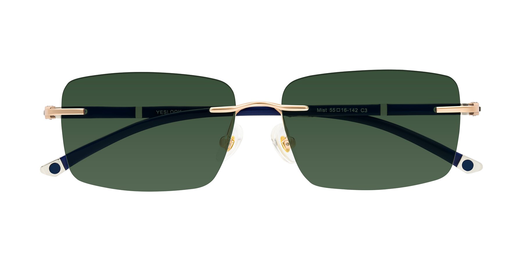 Folded Front of Mist in Rose Gold/Blue with Green Tinted Lenses