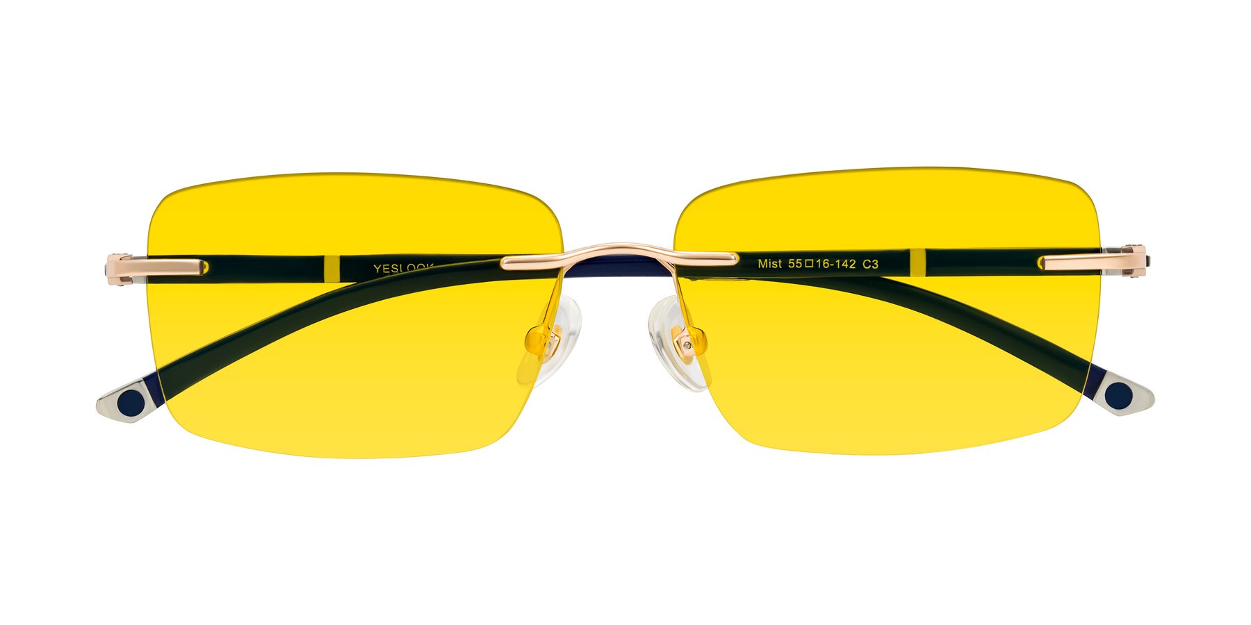 Folded Front of Mist in Rose Gold/Blue with Yellow Tinted Lenses