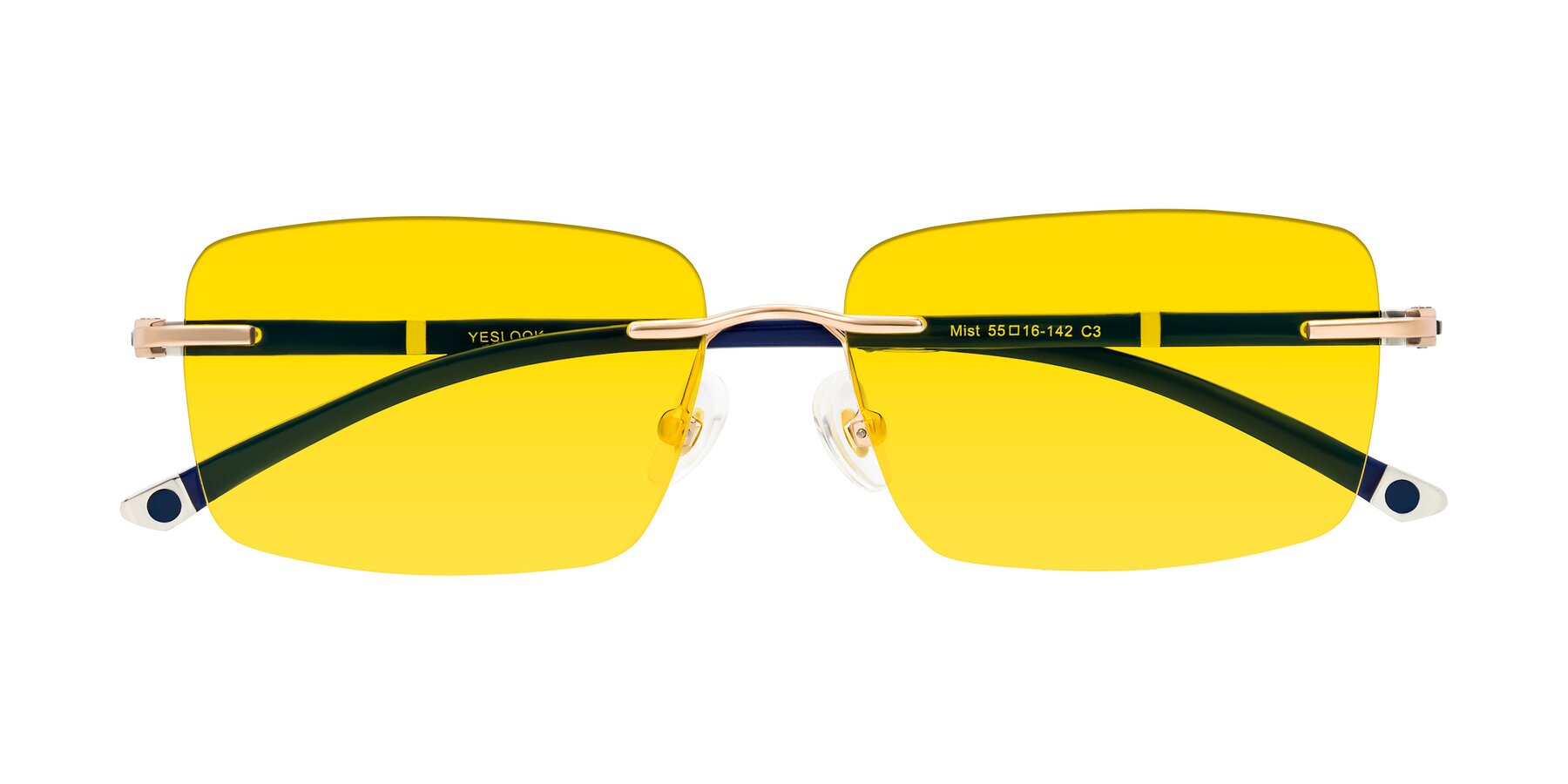 Folded Front of Mist in Rose Gold/Blue with Yellow Tinted Lenses