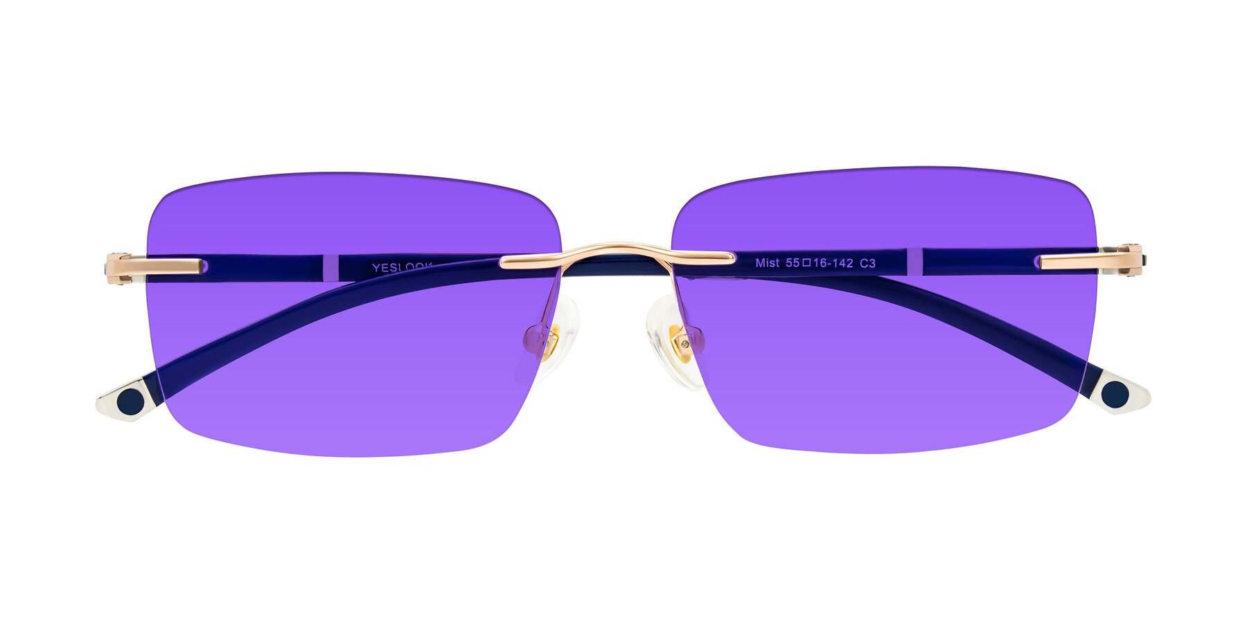 Folded Front of Mist in Rose Gold/Blue with Purple Tinted Lenses