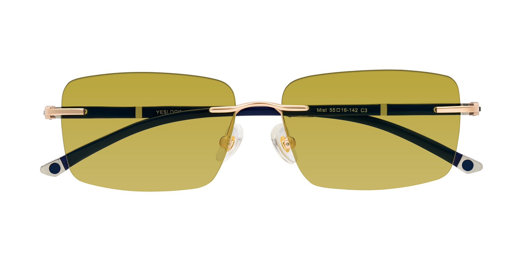 Folded Front of Mist in Rose Gold/Blue with Champagne Tinted Lenses