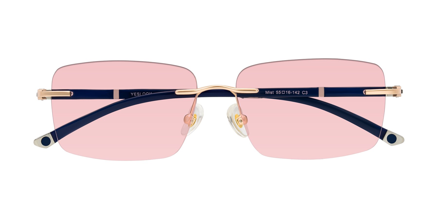 Folded Front of Mist in Rose Gold/Blue with Light Garnet Tinted Lenses
