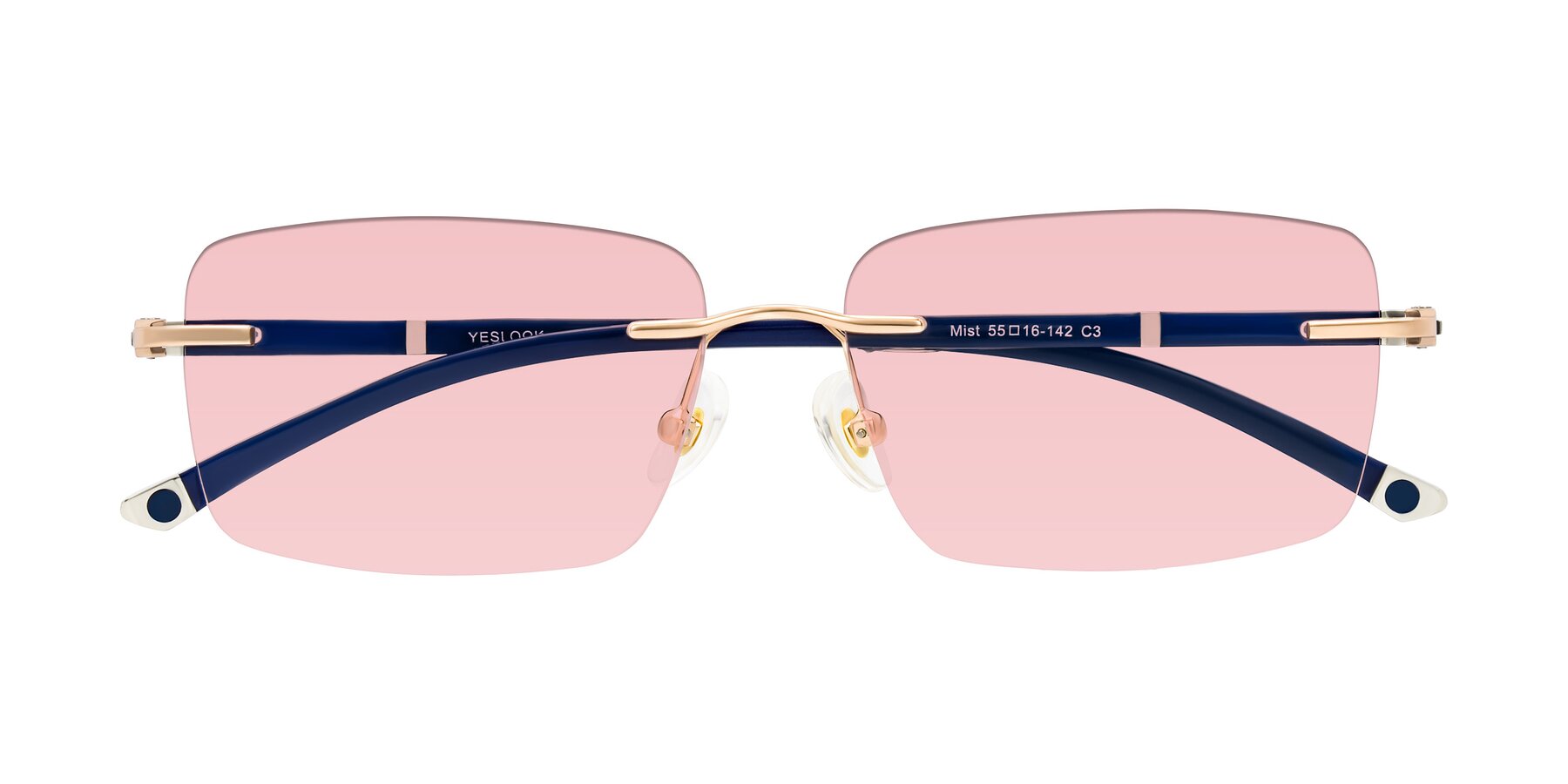 Folded Front of Mist in Rose Gold/Blue with Light Garnet Tinted Lenses