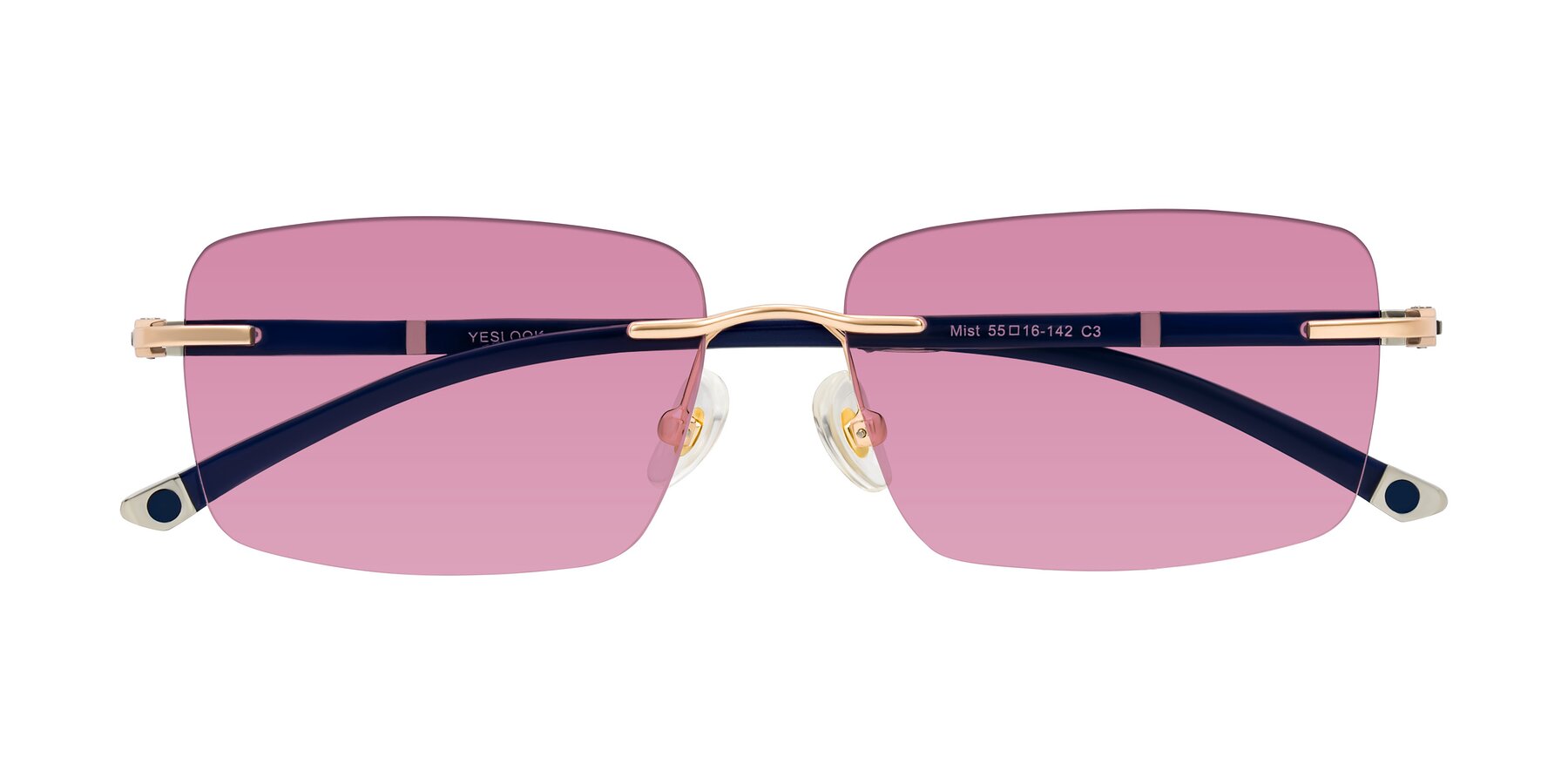 Folded Front of Mist in Rose Gold/Blue with Medium Wine Tinted Lenses