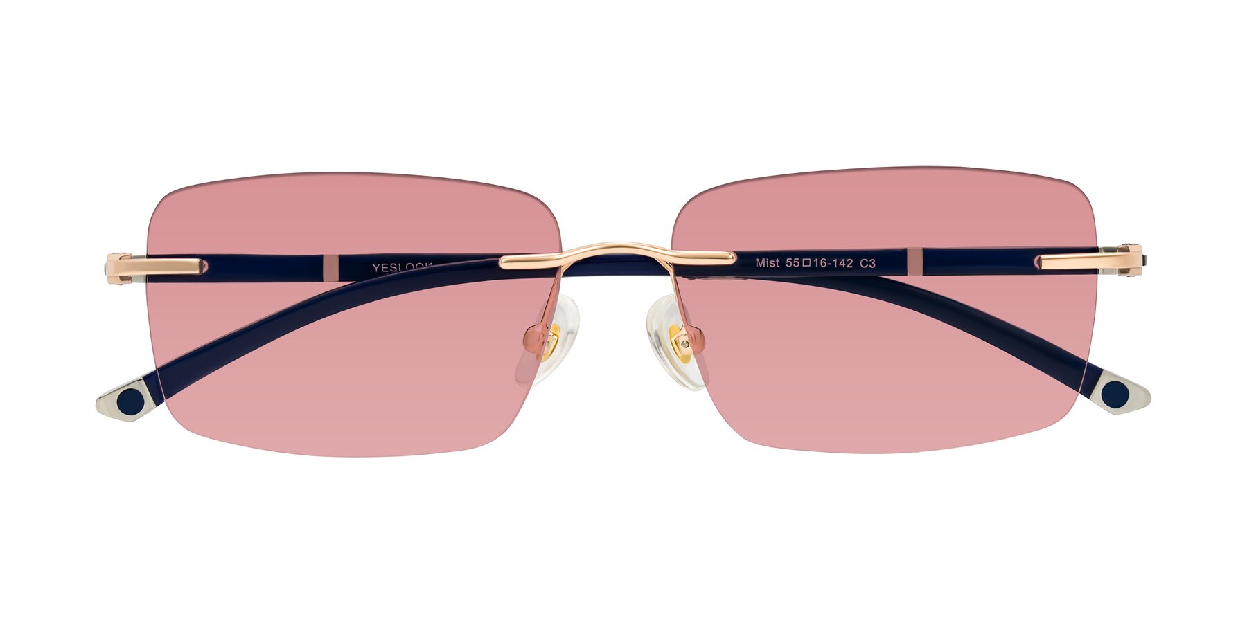Folded Front of Mist in Rose Gold/Blue with Medium Garnet Tinted Lenses