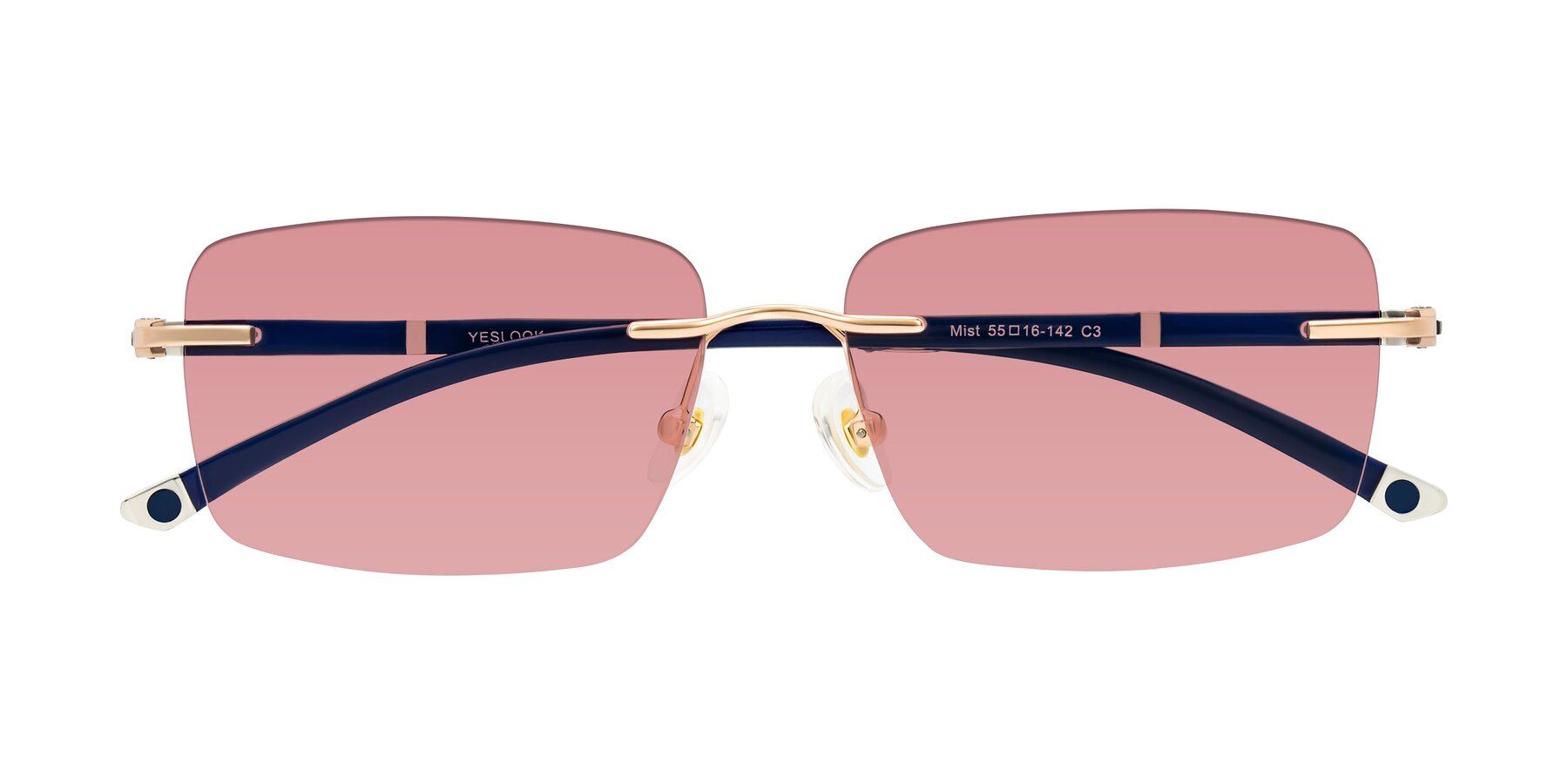 Folded Front of Mist in Rose Gold/Blue with Medium Garnet Tinted Lenses