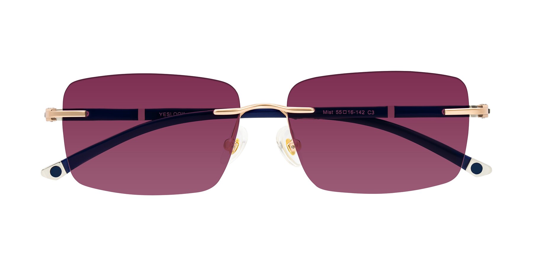Folded Front of Mist in Rose Gold/Blue with Wine Tinted Lenses