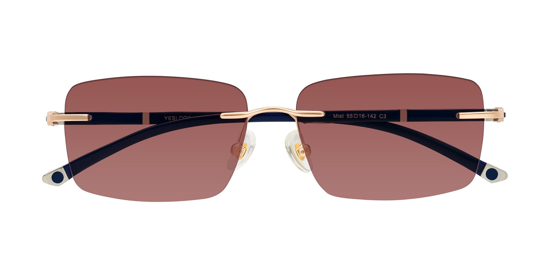 Folded Front of Mist in Rose Gold/Blue with Garnet Tinted Lenses