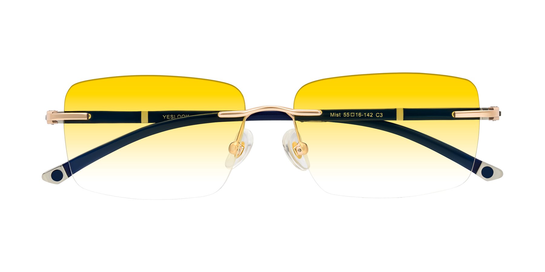 Folded Front of Mist in Rose Gold/Blue with Yellow Gradient Lenses