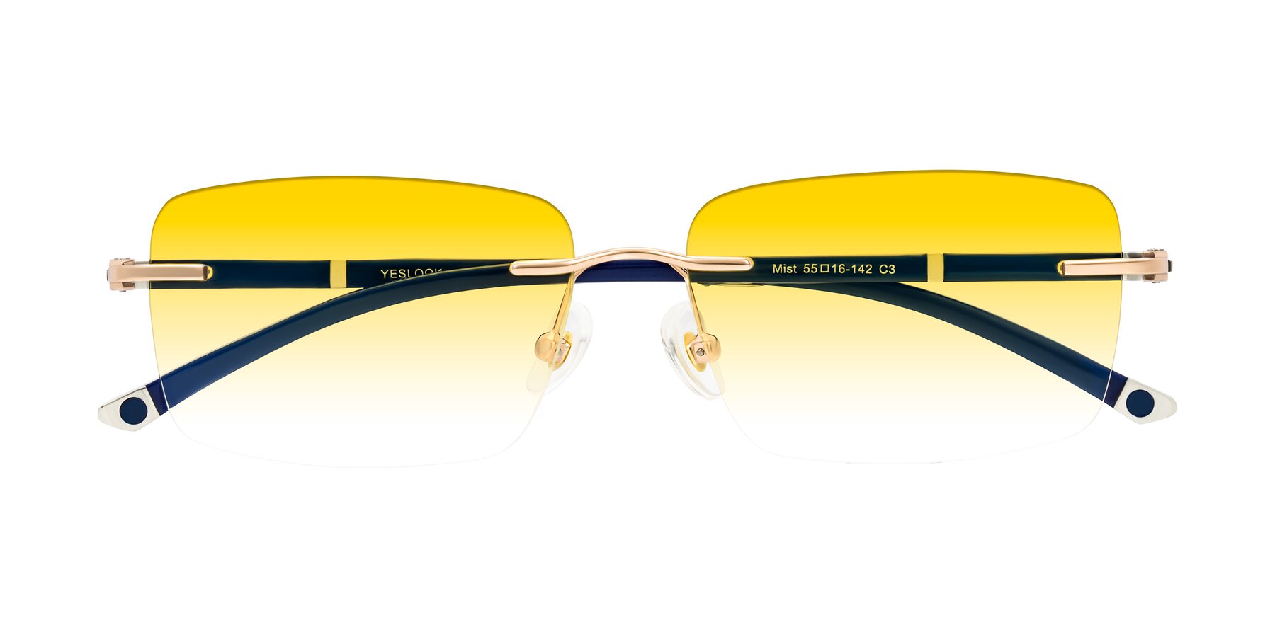Folded Front of Mist in Rose Gold/Blue with Yellow Gradient Lenses