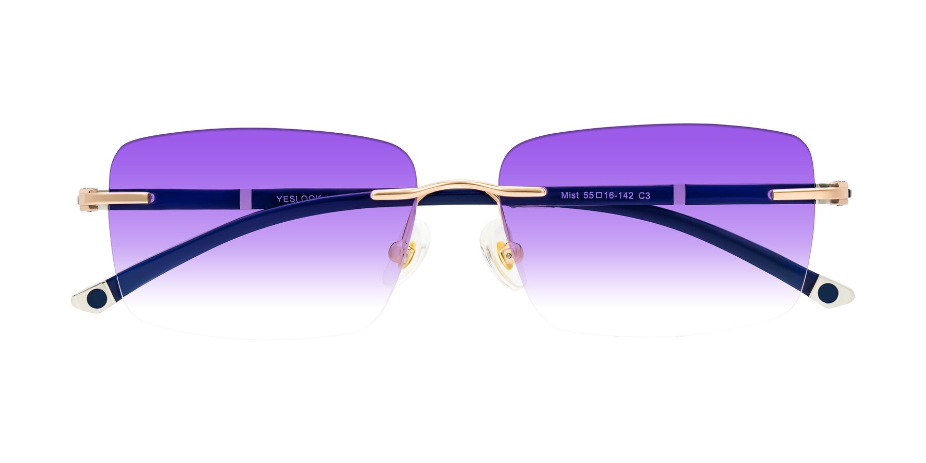 Folded Front of Mist in Rose Gold/Blue with Purple Gradient Lenses