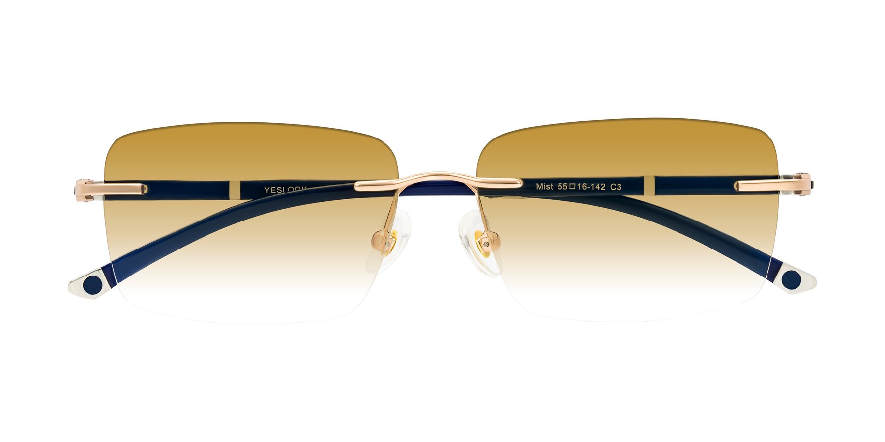 Folded Front of Mist in Rose Gold/Blue with Champagne Gradient Lenses