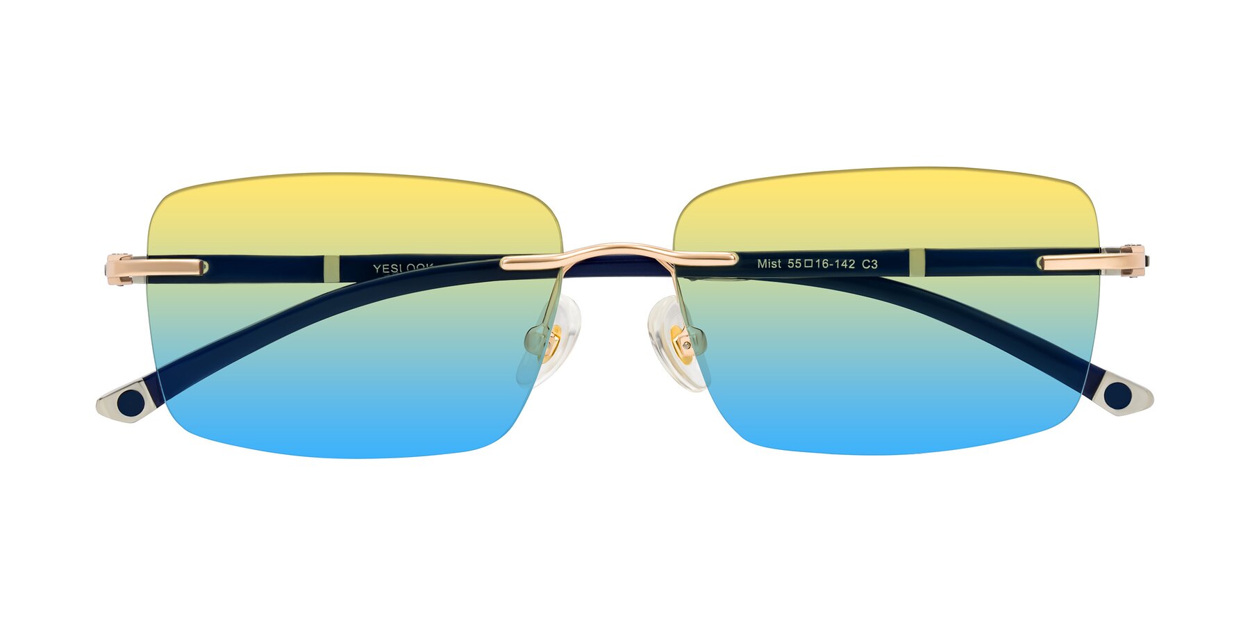 Folded Front of Mist in Rose Gold/Blue with Yellow / Blue Gradient Lenses