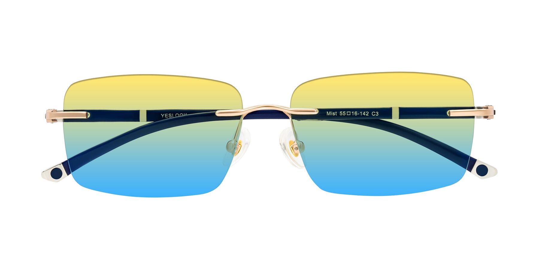 Folded Front of Mist in Rose Gold/Blue with Yellow / Blue Gradient Lenses