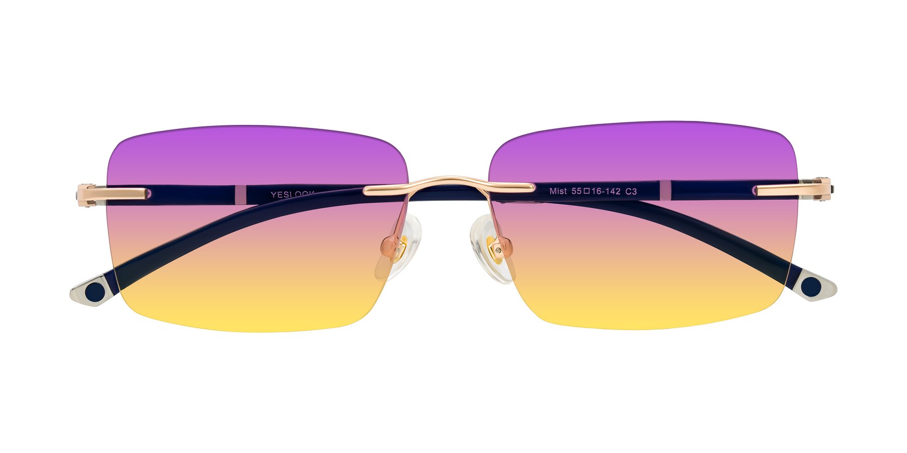 Folded Front of Mist in Rose Gold/Blue with Purple / Yellow Gradient Lenses
