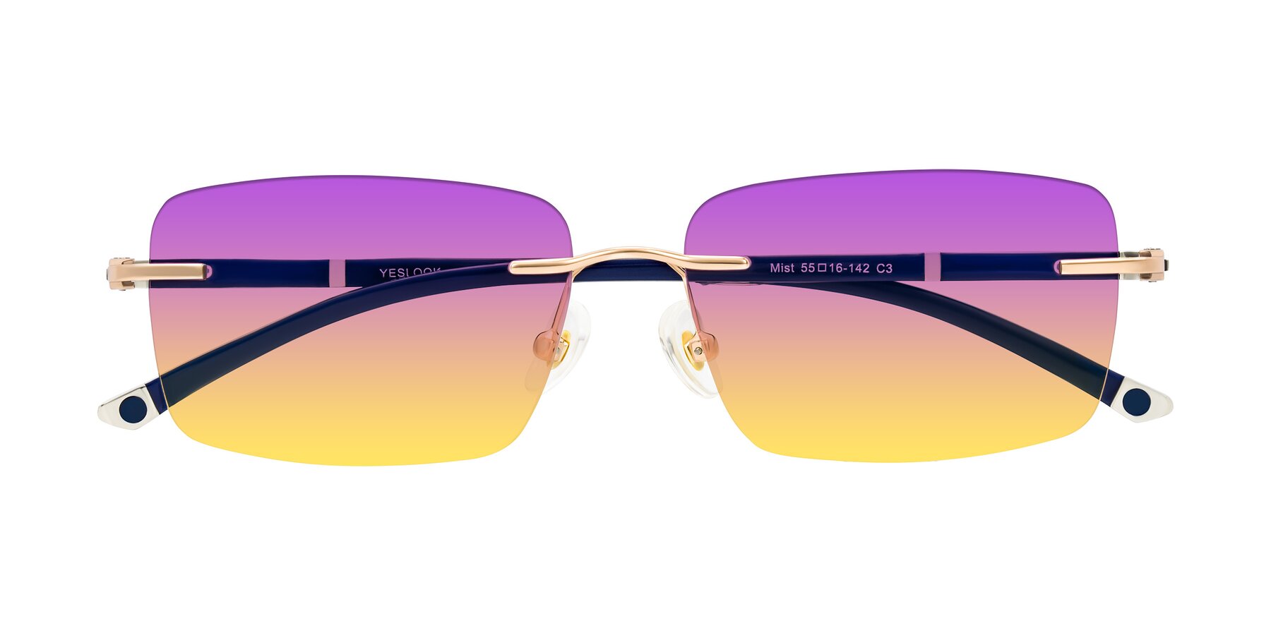 Folded Front of Mist in Rose Gold/Blue with Purple / Yellow Gradient Lenses