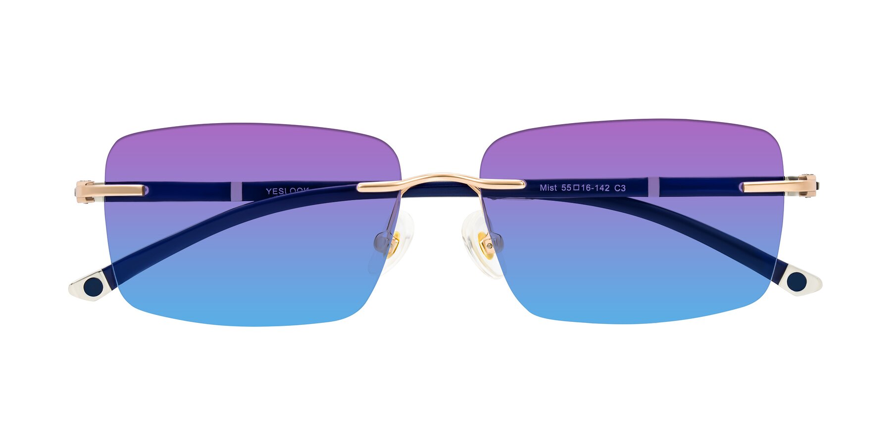 Folded Front of Mist in Rose Gold/Blue with Purple / Blue Gradient Lenses