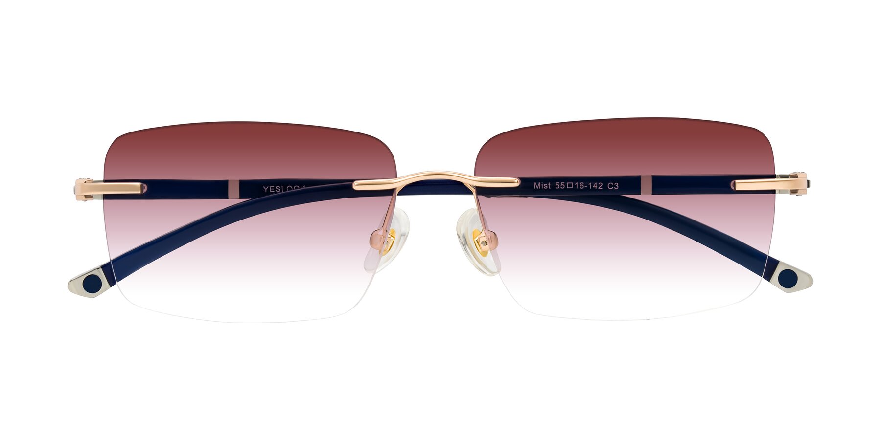 Folded Front of Mist in Rose Gold/Blue with Garnet Gradient Lenses