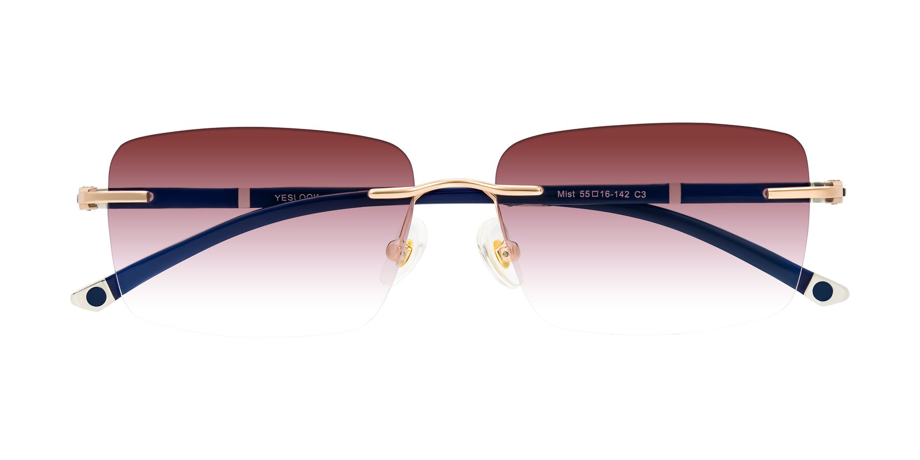 Folded Front of Mist in Rose Gold/Blue with Garnet Gradient Lenses