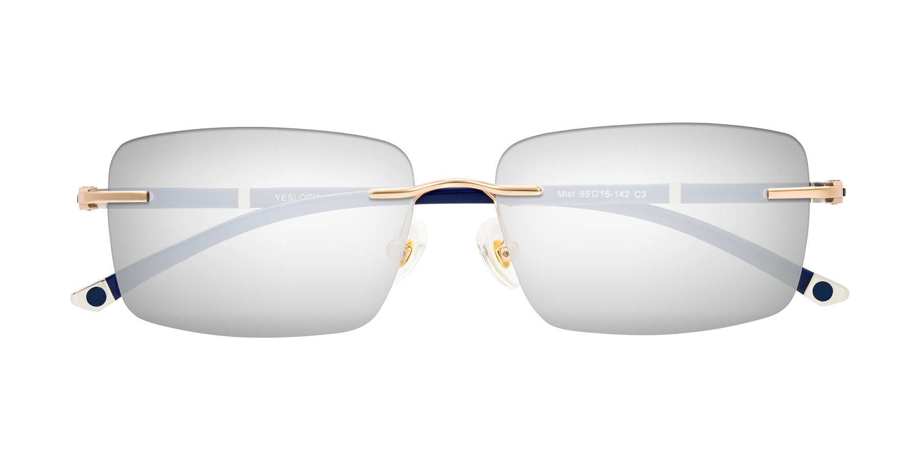 Folded Front of Mist in Rose Gold/Blue with Silver Mirrored Lenses