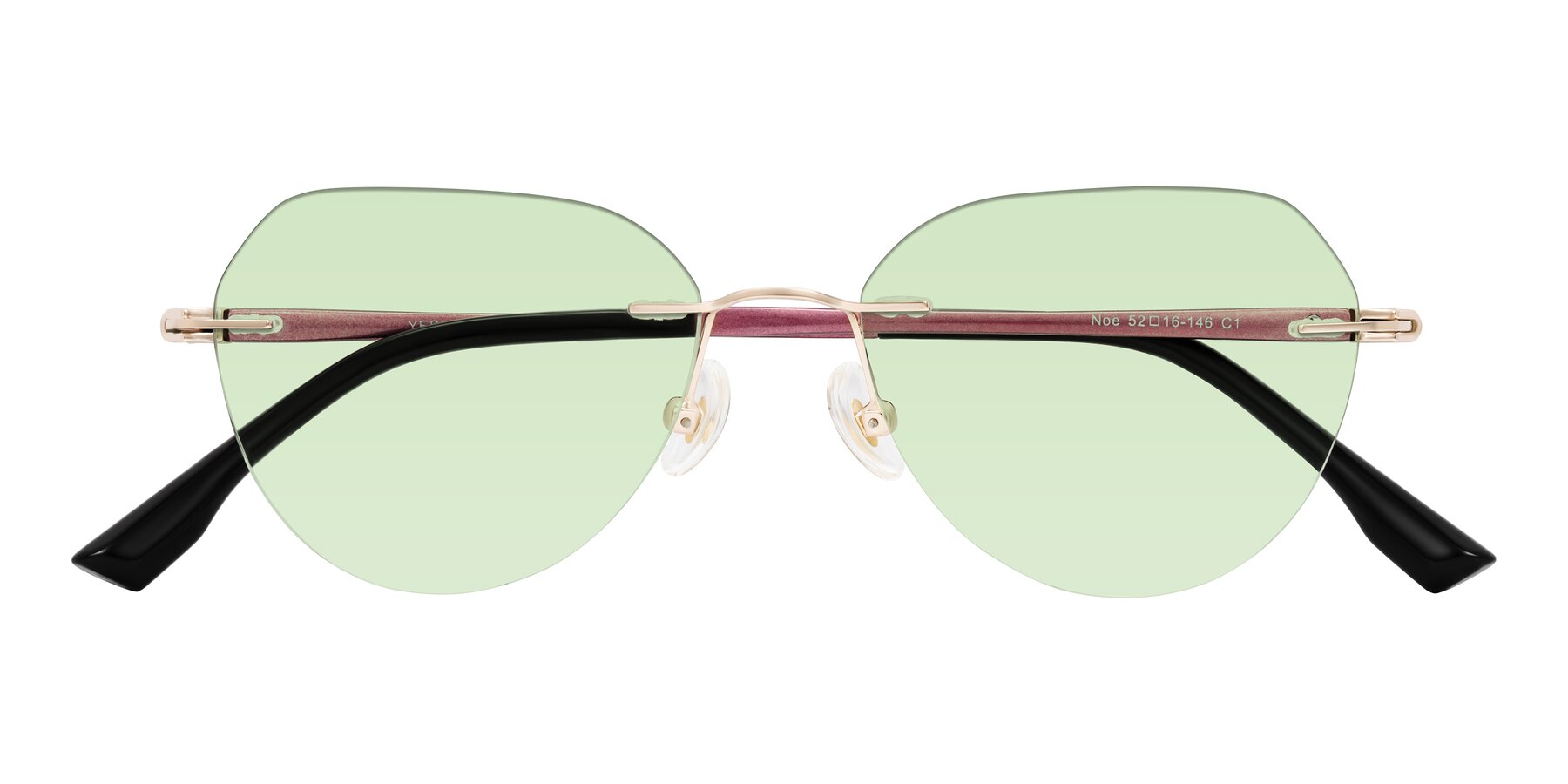 Folded Front of Noe in Rose Gold/Purple with Light Green Tinted Lenses
