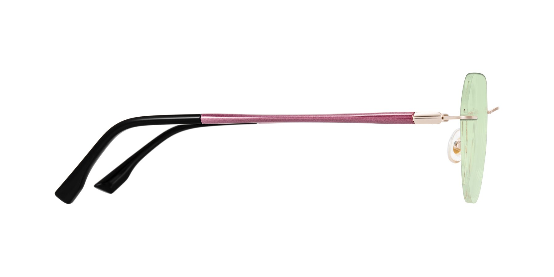 Side of Noe in Rose Gold/Purple with Light Green Tinted Lenses