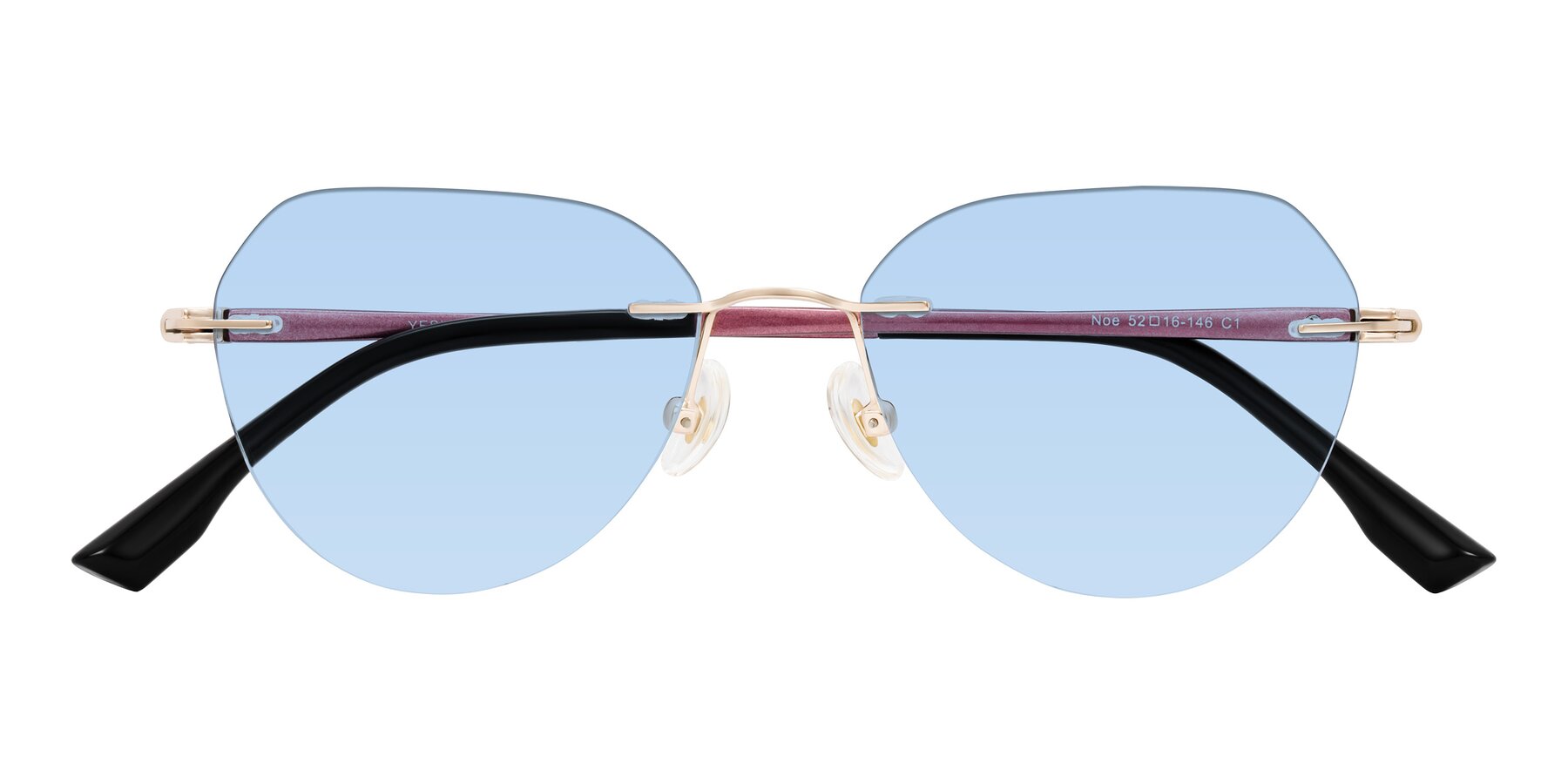 Folded Front of Noe in Rose Gold/Purple with Light Blue Tinted Lenses