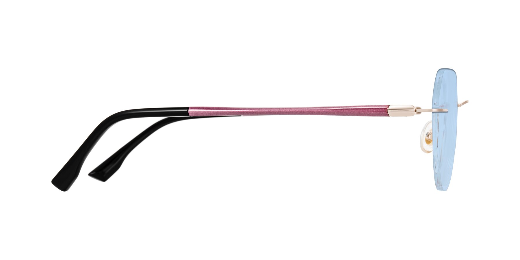 Side of Noe in Rose Gold/Purple with Light Blue Tinted Lenses