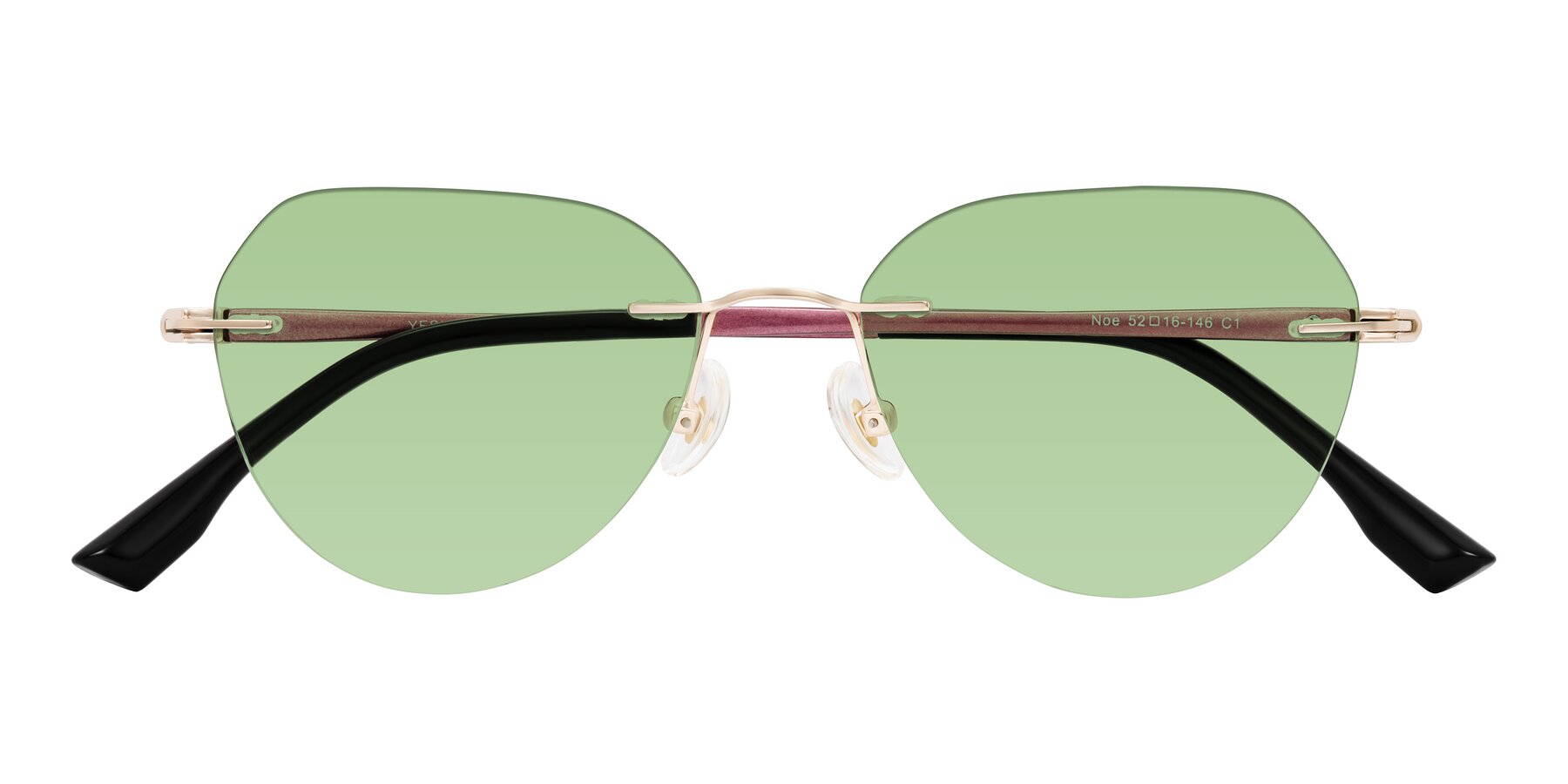 Folded Front of Noe in Rose Gold/Purple with Medium Green Tinted Lenses