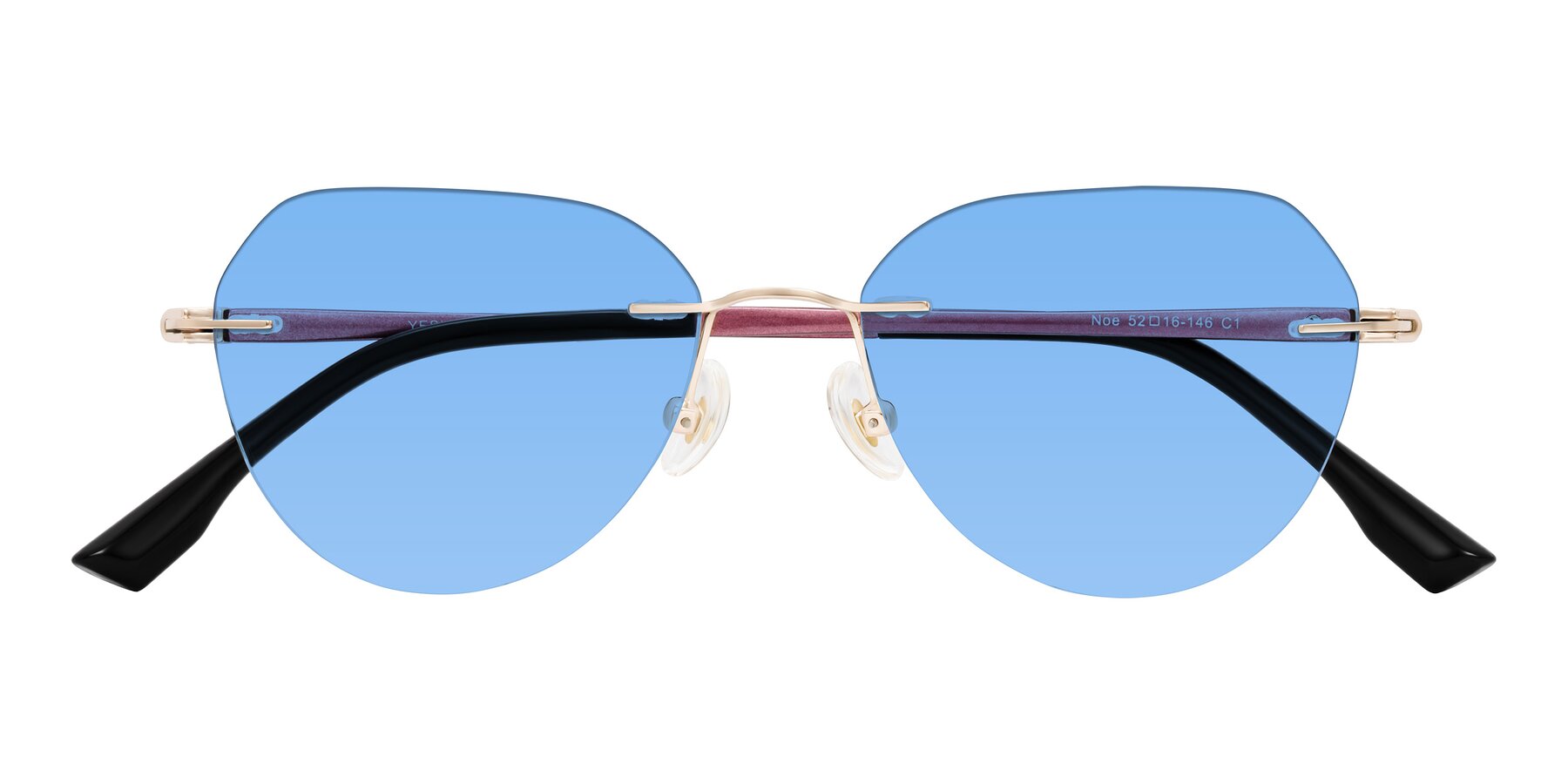 Folded Front of Noe in Rose Gold/Purple with Medium Blue Tinted Lenses
