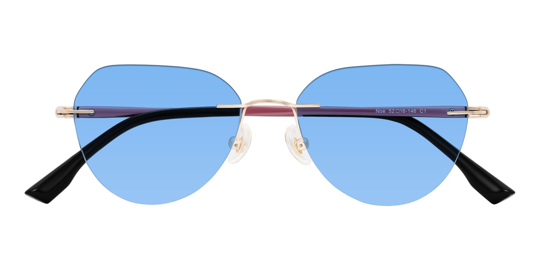 Folded Front of Noe in Rose Gold/Purple with Medium Blue Tinted Lenses