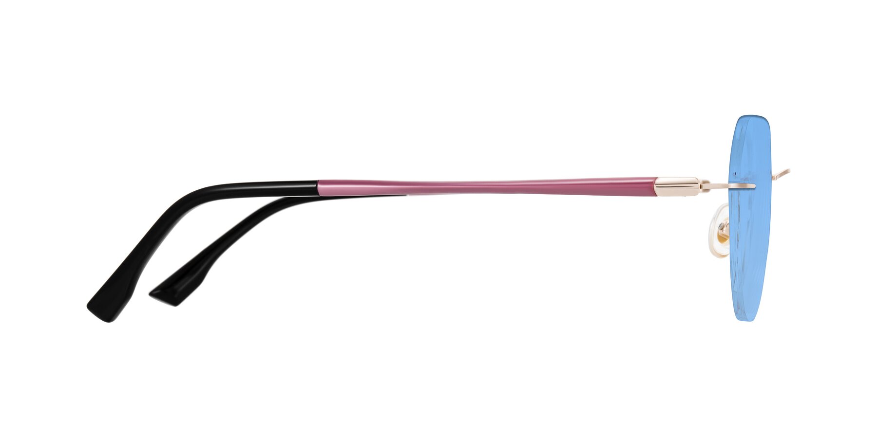 Side of Noe in Rose Gold/Purple with Medium Blue Tinted Lenses