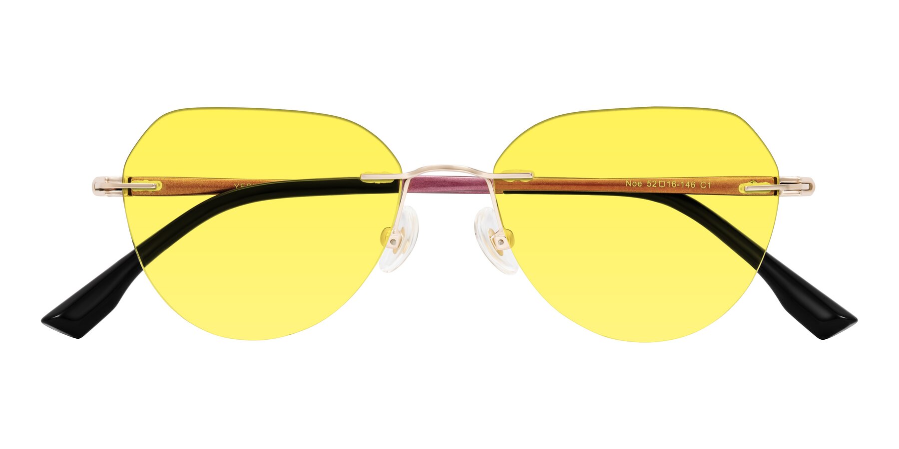 Folded Front of Noe in Rose Gold/Purple with Medium Yellow Tinted Lenses