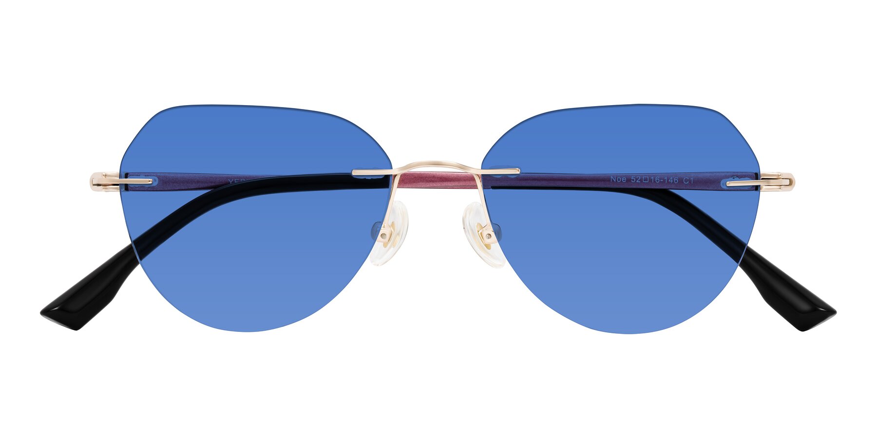 Folded Front of Noe in Rose Gold/Purple with Blue Tinted Lenses